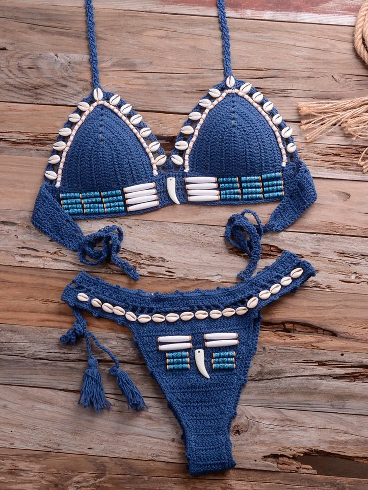 Women's Sexy Knitted Blue Shell Beaded Push-Up Crochet Bikinis Set