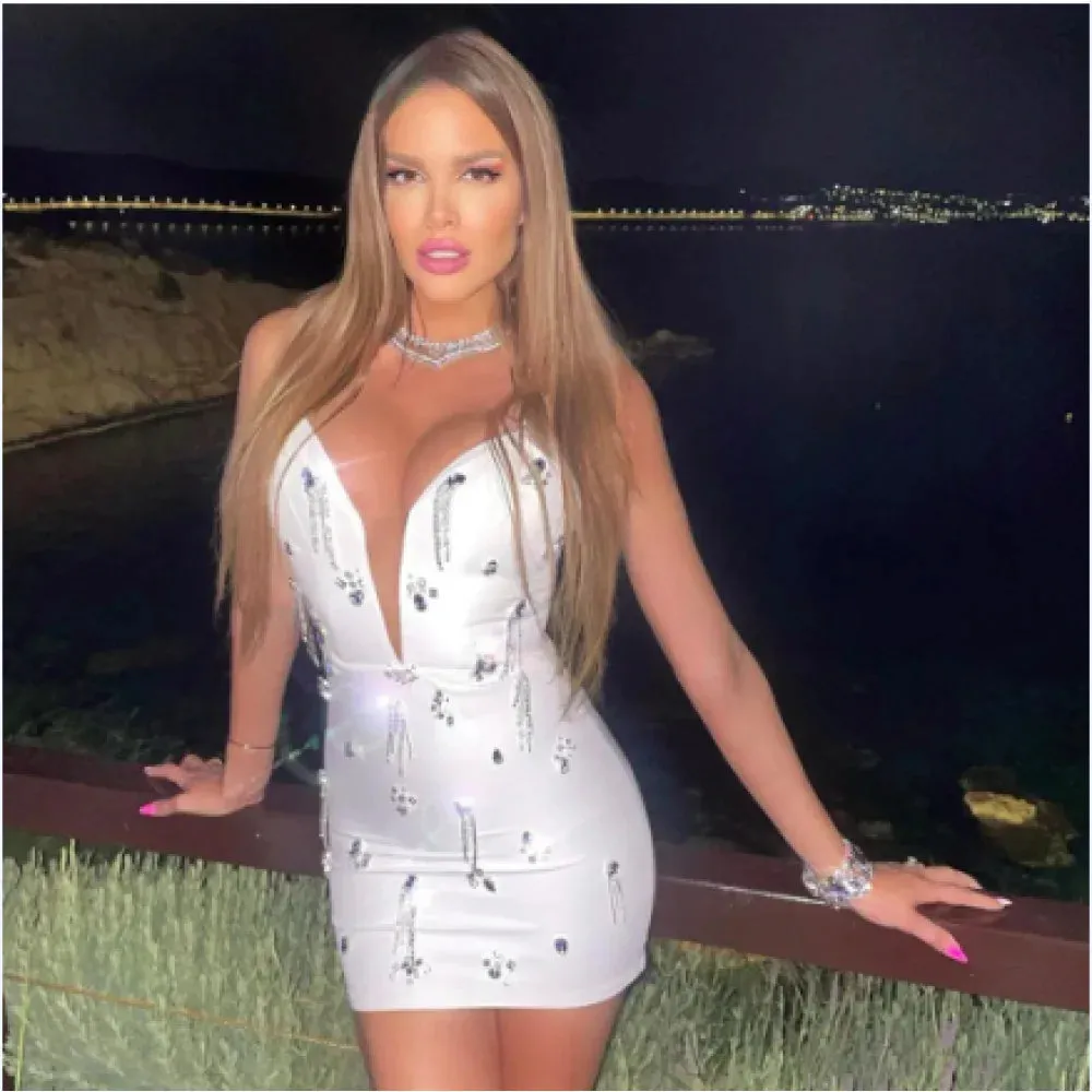 Women's White Sexy Summer Beaded Diamond Bandage Nightclub Mini Dress