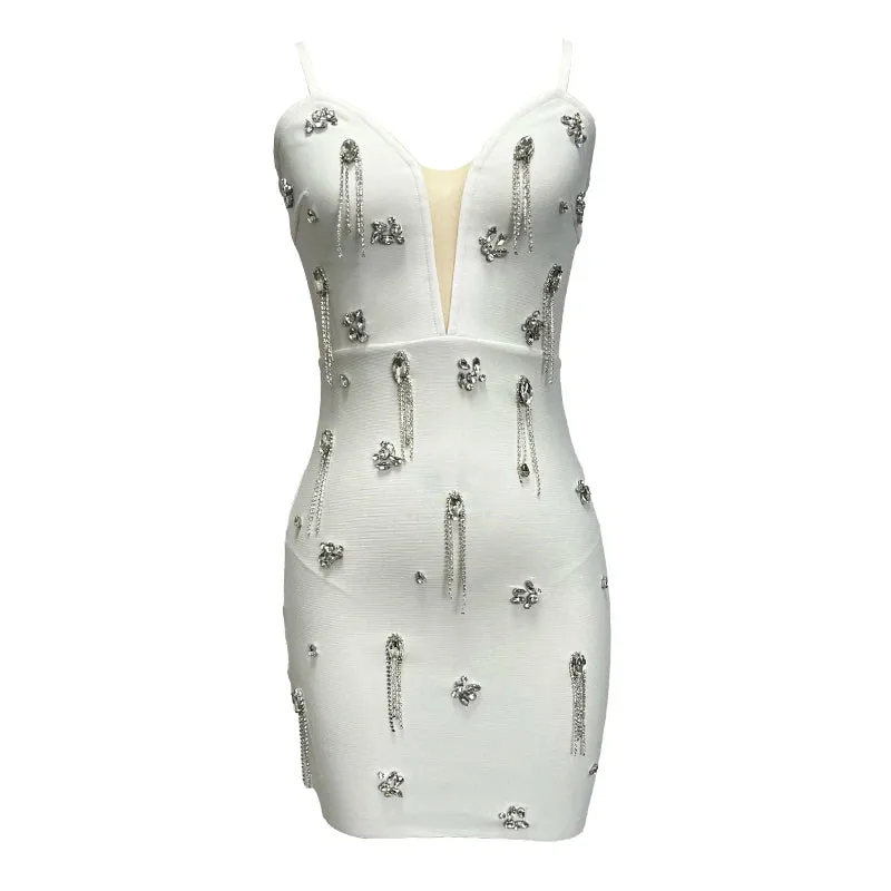 Women's White Sexy Summer Beaded Diamond Bandage Nightclub Mini Dress