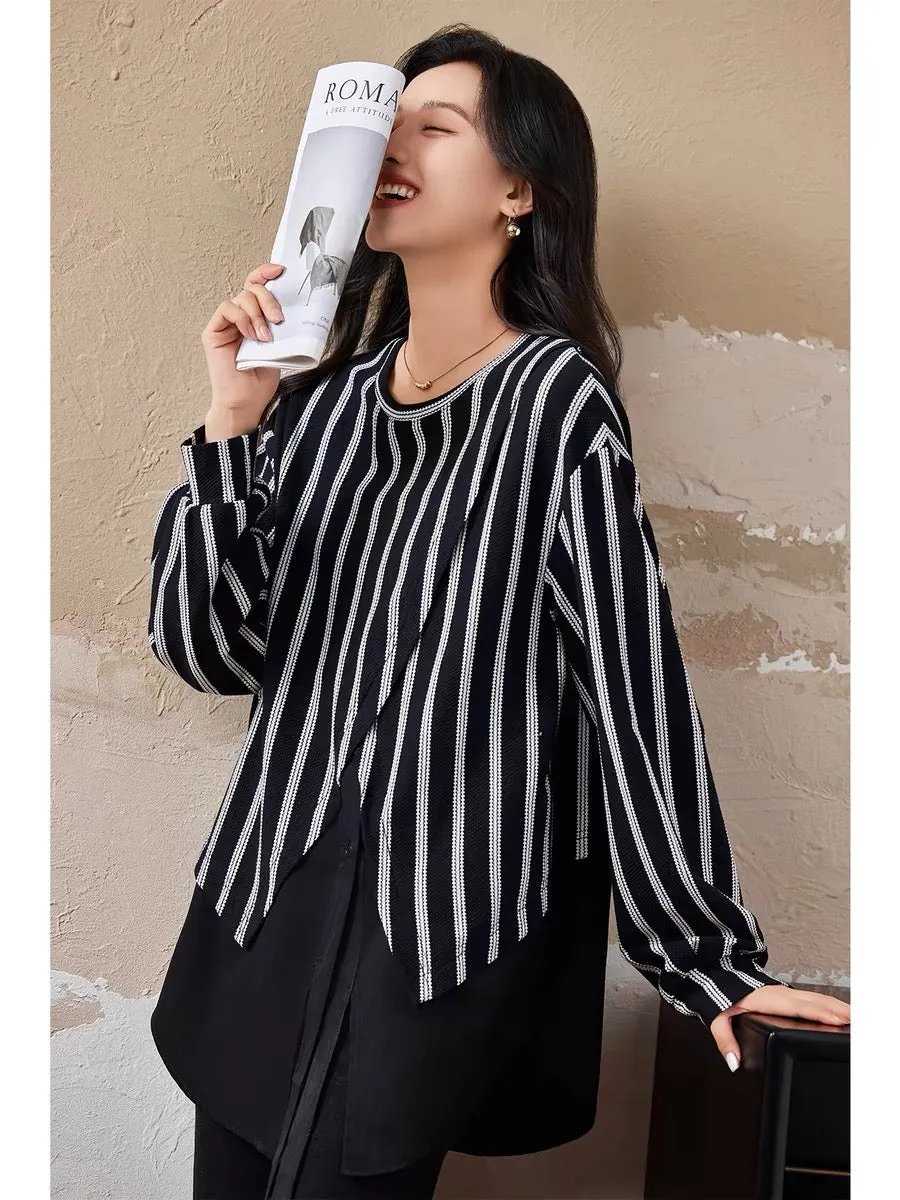 Yipinle fake two-piece striped patchwork sweatshirt for women spring and autumn 2024 new European style loose large size casual 