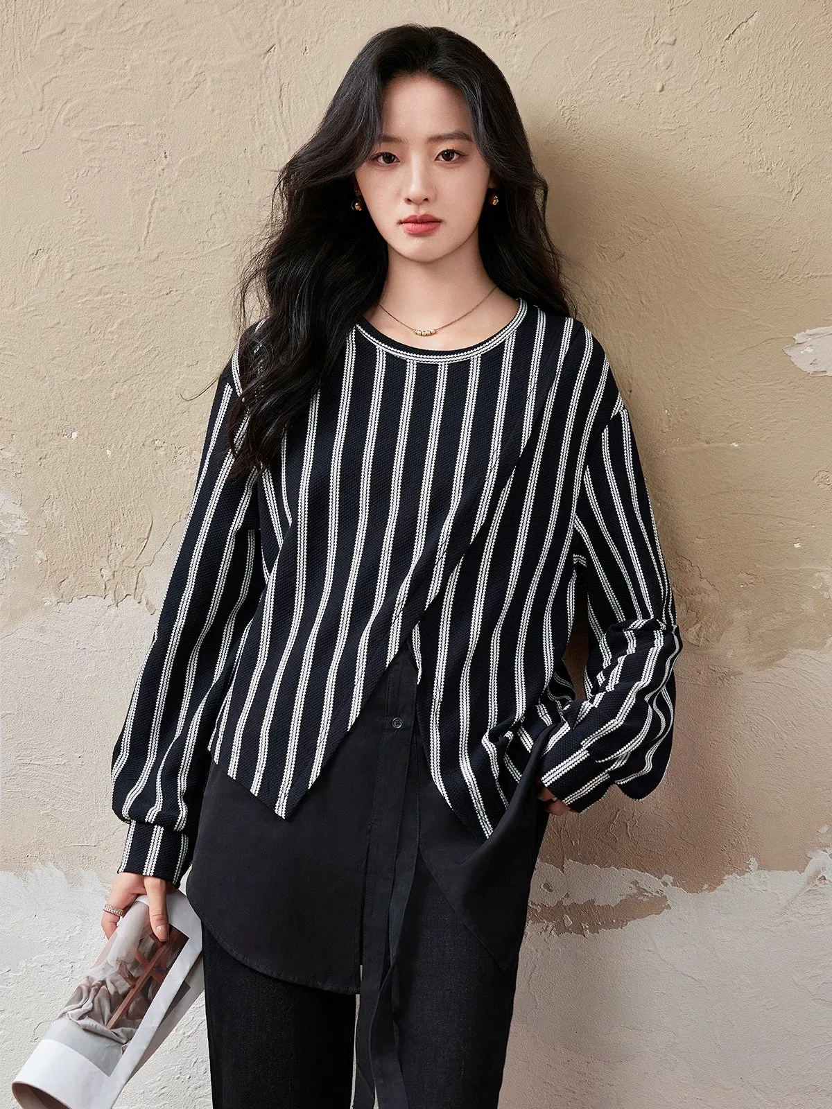 Yipinle fake two-piece striped patchwork sweatshirt for women spring and autumn 2024 new European style loose large size casual 