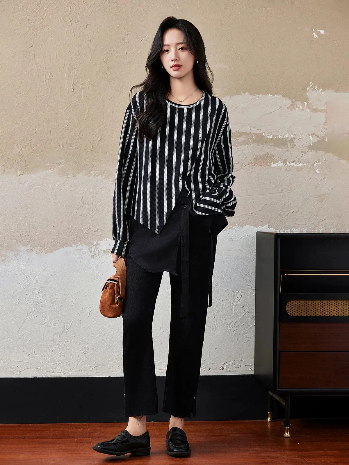 Yipinle fake two-piece striped patchwork sweatshirt for women spring and autumn 2024 new European style loose large size casual 